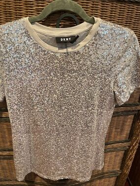 DKNY Silver Sequin Short Sleeve Tee Top